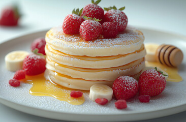 Pancakes Topped with Strawberries and Bananas with Honey Mug
