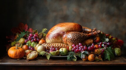 A beautifully arranged feast featuring a golden turkey surrounded by colorful fruits and leaves, perfect for a festive celebration.