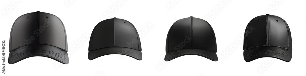 Poster minimalist isolated mockups of black caps showcasing different angles and designs with a focus on te