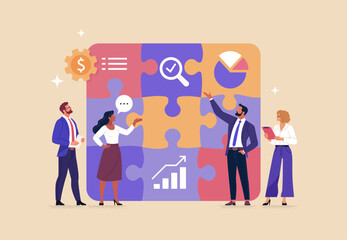 Business Teamwork concept. Contemporary flat style abstract vector illustration of a group of diverse people discussing with a completed puzzle in the background.