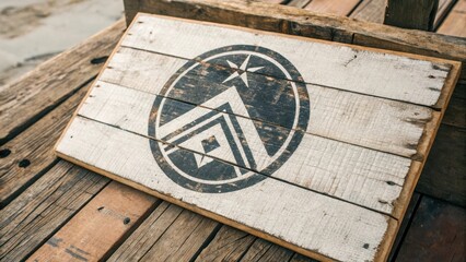 Weathered wooden sign featuring a circular emblem on a rustic surface.