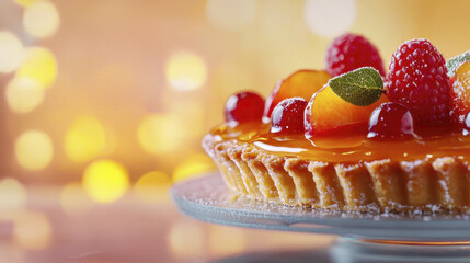 Delicious fruit tart with vibrant glaze, topped with fresh raspberries and citrus fruits, creating joyful dessert experience