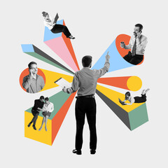 Businessman standing in center directing tasks toward remote team on colorful abstract structures...