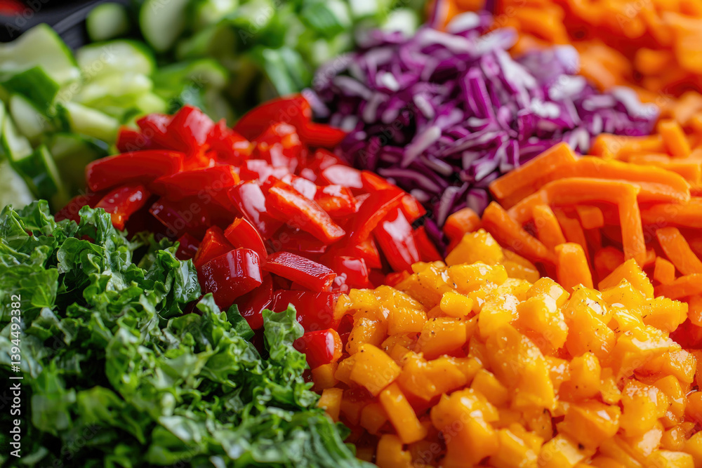 Poster a colorful array of freshly chopped vegetables including kale, peppers, cabbage, cucumber, and carro