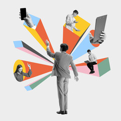 Male manager coordinating remote communication through vibrant shapes connecting to freelancers,...