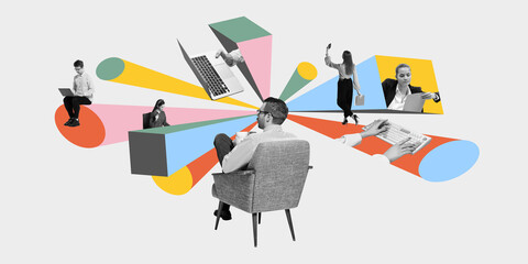 Man in chair observing abstract task flow and remote employees in work processes. Remote project...