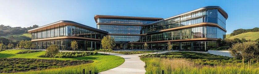Obraz premium Modern corporate headquarters featuring sleek glass facades surrounded by landscaped greenery and walking paths where business professionals connect during workday in prestigious downtown district.