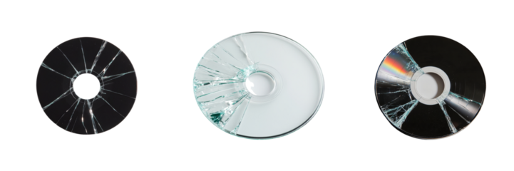 Collection of broken compact discs isolated on a minimalist background showcasing various levels of damage