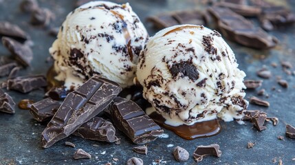 Obraz premium Chocolate ice cream scoops with melted chocolate