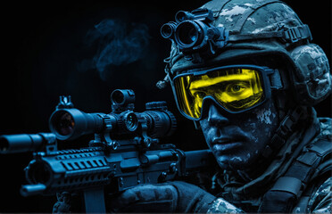 Fototapeta premium A soldier, armed and ready, focuses with intense concentration, night vision goggles equipped.