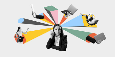 Focused woman, manager pointing upward while digital assistants and freelancers float on colorful...