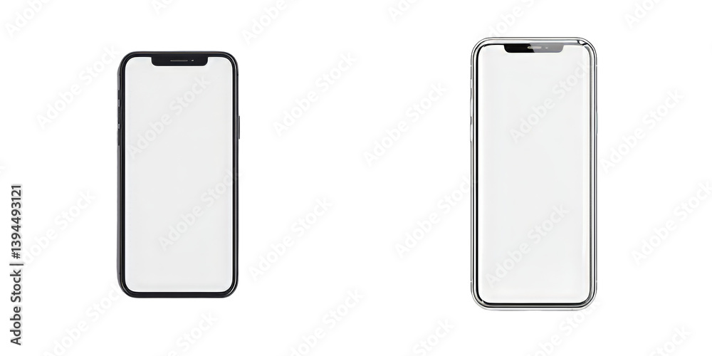 Poster minimalist mockups of two isolated smartphone designs showcasing blank screens for digital presentat