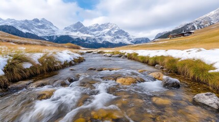 Mountain stream flows through a meadow, snow-capped peaks in the background.  A rustic alpine landscape in autumn