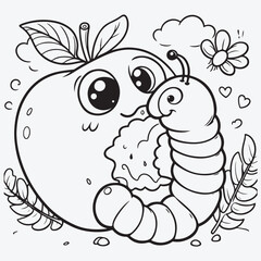 Vector illustration of Cute worm eating his way through a red apple black and white drawing For children to learn to color according to the picture. stock illustration