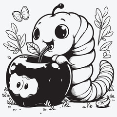 Vector illustration of Cute worm eating his way through a red apple black and white drawing For children to learn to color according to the picture. stock illustration