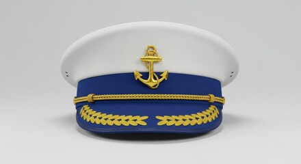 Navy Captain's Hat with Gold Anchor - A classic navy captain's hat, featuring a white crown, blue brim, gold anchor emblem, and gold braid detail. Perfect for nautical themes