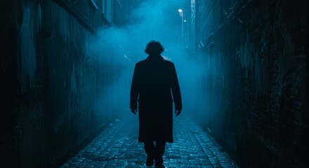 Nightfall Alleyway Figure - A lone figure in a long coat walks away into a mysterious, smoky blue-lit alley at night. Symbolizing mystery, solitude, secrets, urban exploration, and the unknown