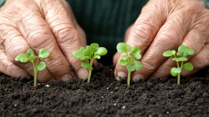 Elderly hands gently pressing young green seedlings into rich dark soil during morning gardening session where therapeutic nature connection promotes wellness and cognitive rehabilitation.