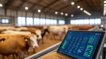 High-tech livestock feeding system with automated grain dispensers measuring exact nutrition needs, AI-based weight tracking for optimized growth, perfect for precision agriculture themes.
