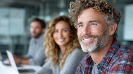 Obraz premium Diverse team engages in discussion during a modern office meeting with natural lighting and laptops