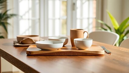 Fototapeta premium Sustainable Eco-Friendly Biodegradable Dinnerware Set on Wooden Table