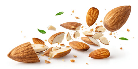 Flying in air fresh raw whole and cut almonds isolated on white background. Concept of Almonds is torn to pieces close-up. High resolution image