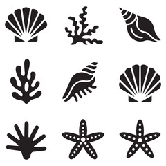Set of Vector Black silhouettes sea shells, algae and starfish. illustration on a white background.