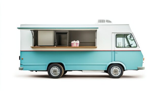 Colorful vintage ice cream truck with open window showcasing sweet treats and cheerful design