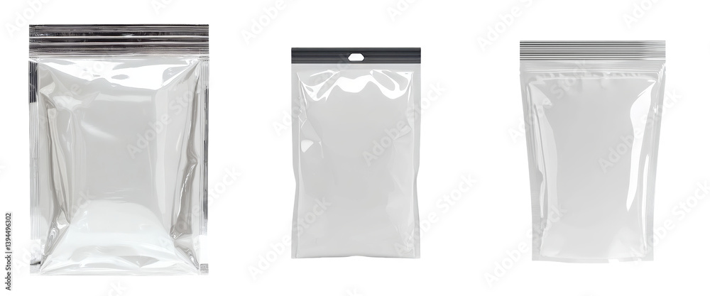 Aufkleber minimalist mockups showcasing three different styles of transparent packaging bags in a clean, isola