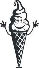 Black and white illustration of a smiling ice cream cone character with arms raised.