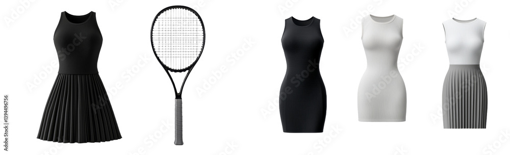 Poster minimalist mockups showcasing tennis dresses and racket in a clean, isolated background for product 