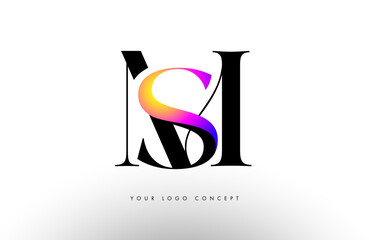 Elegant MS logo concept icon design with serif font and purple blue neon colors.