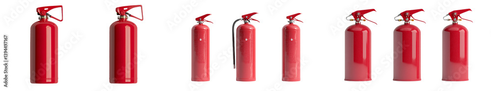 Poster minimalist mockups of red fire extinguishers in isolated settings for safety awareness and design in