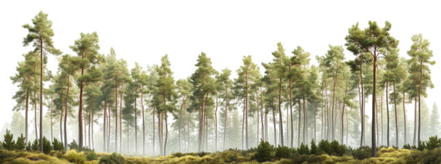 A straight row of tall pine trees a misty forest