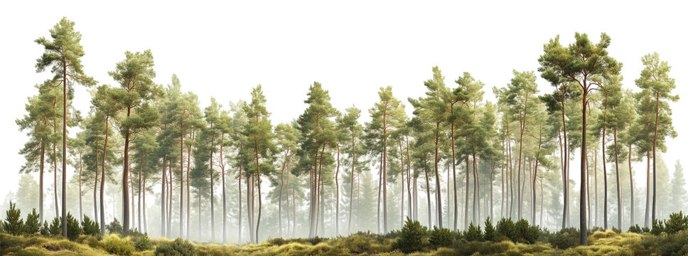 A straight row of tall pine trees a misty forest