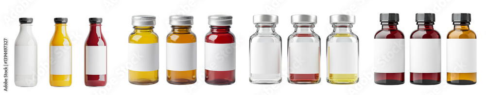 Aufkleber Minimalist isolated mockups showcasing various glass bottles with clear labels against a white background for design purposes