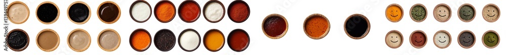 Poster Colorful isolated minimalist mockups of circular containers filled with paint or sauces arranged in a tidy layout