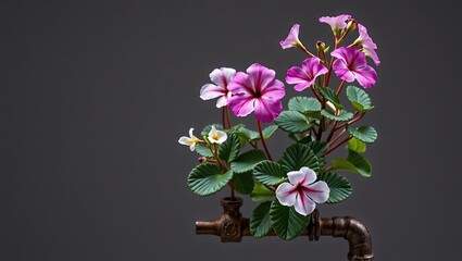 Fototapeta premium Two-toned Cardamine and Pelargonium on Industrial Pipe Stand - Product Photography