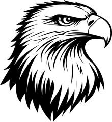 Powerful black and white vector illustration of a bald eagle's head in profile, showcasing its sharp gaze and detailed feathers. Represents freedom, strength, and American symbolism.