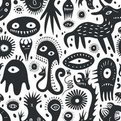 Monochrome abstract pattern featuring whimsical creatures and eyes in a black and white design.