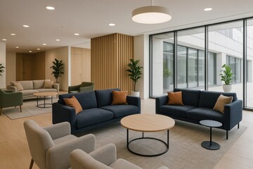 Modern office lounge area.