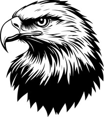 Powerful black and white vector illustration of a bald eagle's head in profile, showcasing its sharp gaze and detailed feathers. Represents freedom, strength, and American symbolism.