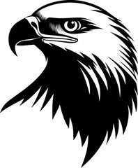 Powerful black and white vector illustration of a bald eagle's head in profile, showcasing its sharp gaze and detailed feathers. Represents freedom, strength, and American symbolism.