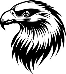 Powerful black and white vector illustration of a bald eagle's head in profile, showcasing its sharp gaze and detailed feathers. Represents freedom, strength, and American symbolism.