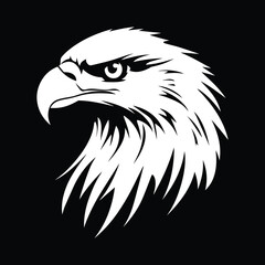 Powerful black and white vector illustration of a bald eagle's head in profile, showcasing its sharp gaze and detailed feathers. Represents freedom, strength, and American symbolism.