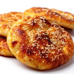 Close up of golden brown bread rolls covered with sesame seeds isolated on white background