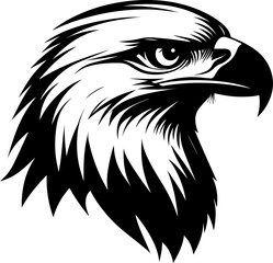Powerful black and white vector illustration of a bald eagle's head in profile, showcasing its sharp gaze and detailed feathers. Represents freedom, strength, and American symbolism.
