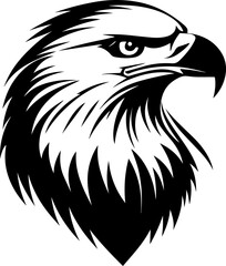 Powerful black and white vector illustration of a bald eagle's head in profile, showcasing its sharp gaze and detailed feathers. Represents freedom, strength, and American symbolism.