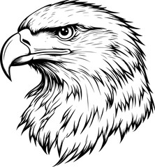 Powerful black and white vector illustration of a bald eagle's head in profile, showcasing its sharp gaze and detailed feathers. Represents freedom, strength, and American symbolism.