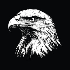 Powerful black and white vector illustration of a bald eagle's head in profile, showcasing its sharp gaze and detailed feathers. Represents freedom, strength, and American symbolism.